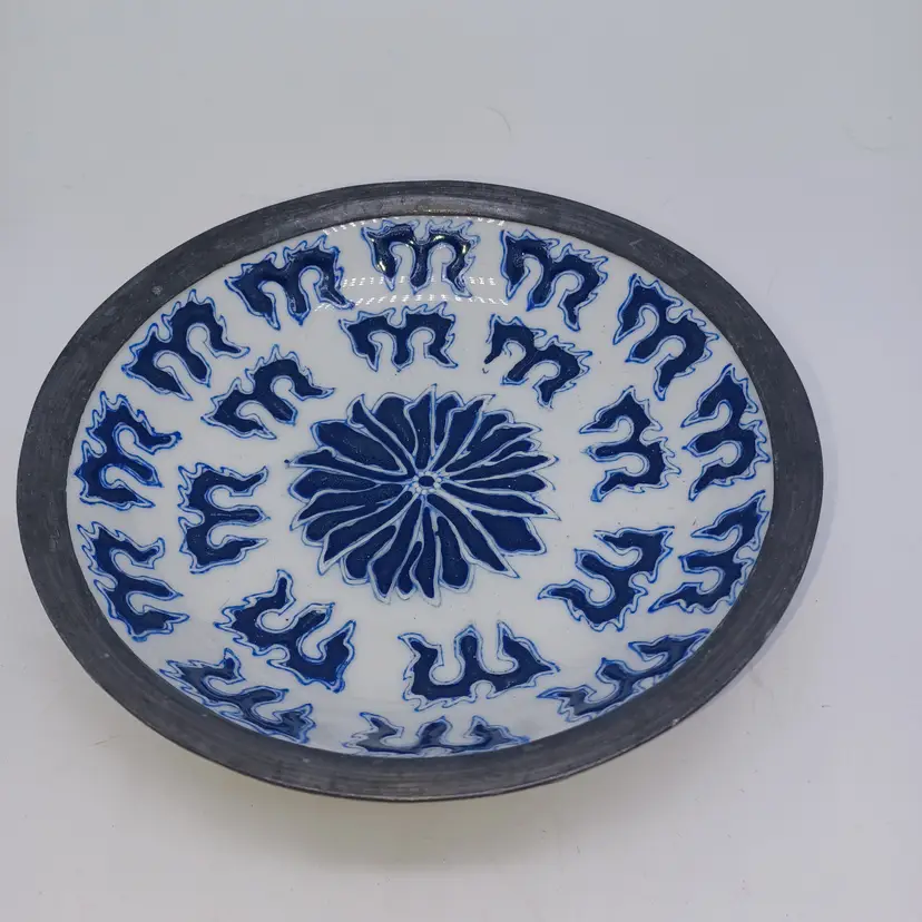 Vintage Japanese Porcelain Ware Pewter Encased Blue Hong Kong Decorated Dish 6