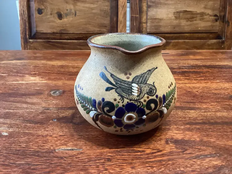 3206-Vintage Folk Art Tonala Pottery Mexican Pitcher with Bird & Floral Design