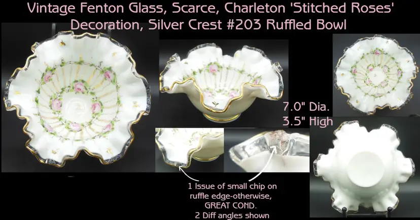 Vintage & Scarce Fenton, Charleton 'Stitched Roses' Decorated Crimped Silver Crest Bowl