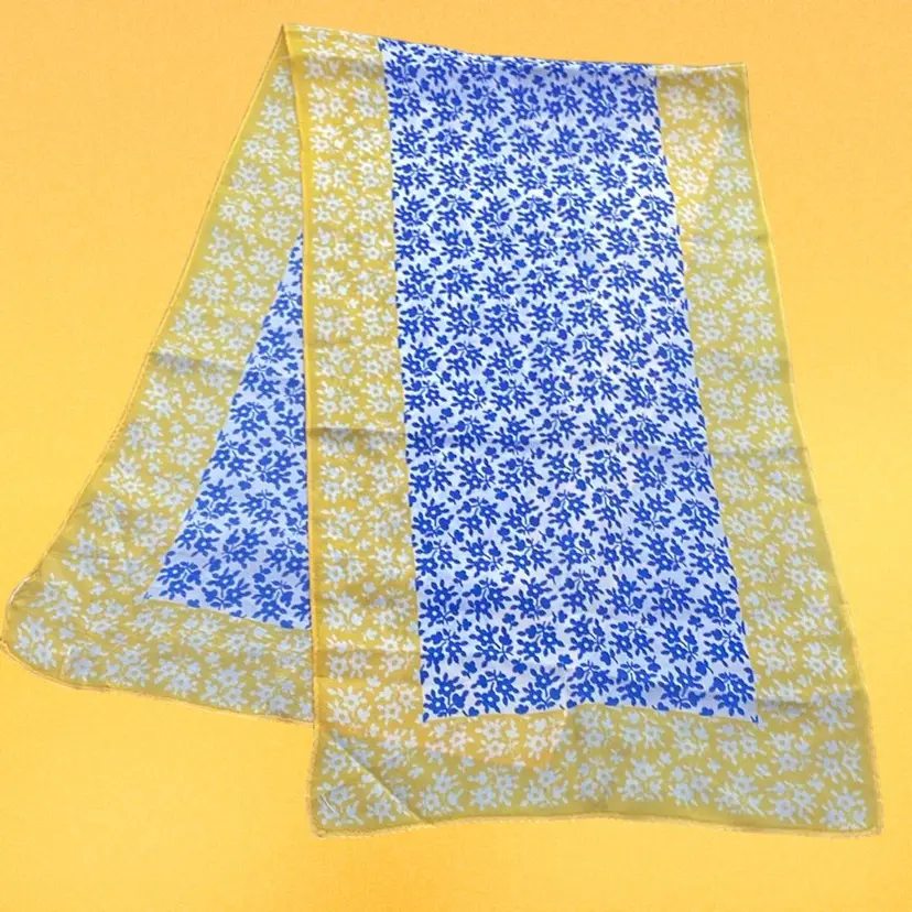 Vintage Yellow Blue Flowers Floral Oblong Scarf, 42.5"x12.5"