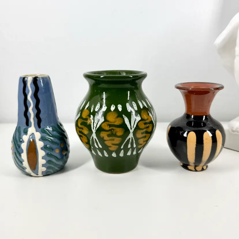 3pc Set Mini German/Bulgarian Redware Bud Vases Pot Green-Blue-Black 4in-4in-3.75in