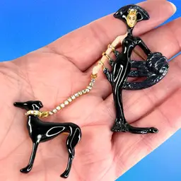 1980s Erté “Symphony In Black” Double Pin Brooch. Enameled Art Deco Lady Walking Greyhound Dog On Crystal-studded Leash. Original Franklin Mint Box. ^See Condition ^