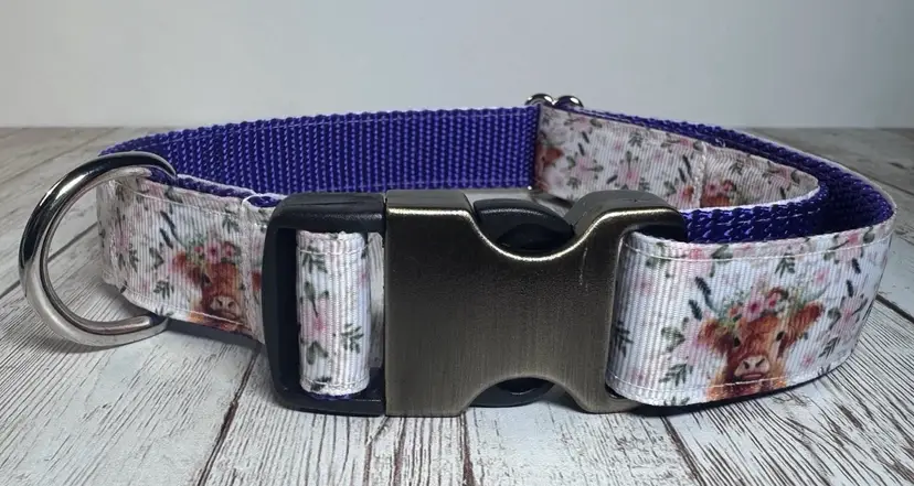 Dog Collar Highland Cow Purple Large Handmade Heavy Duty W/Buckle NEW