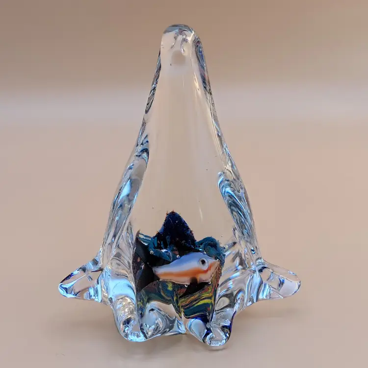 Art Glass Penguin with Colorful Fish and Coral Reef Interior Paperweight