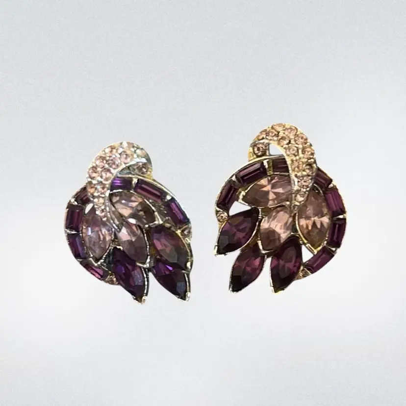 PELL Light And Dark Purple Rhinestone Circle Shape Clip On Earrings With White Rhinestones