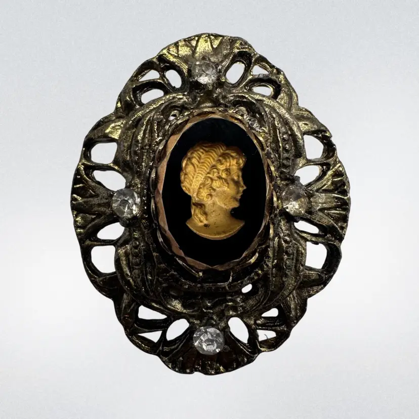 Vintage Carved Black Glass Cameo With Rhinestones Brooch