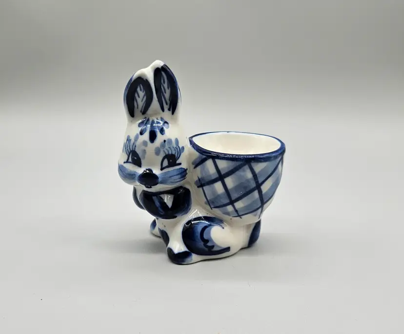 Vintage Gzhel Bunny Rabbit Blue and White Ceramic Egg Cup Russian