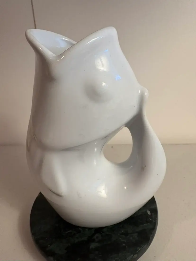 Gurgle Pot Koi Fish Pitcher 2006 White Ceramic Jug Figural Nautical 6.5 Inch