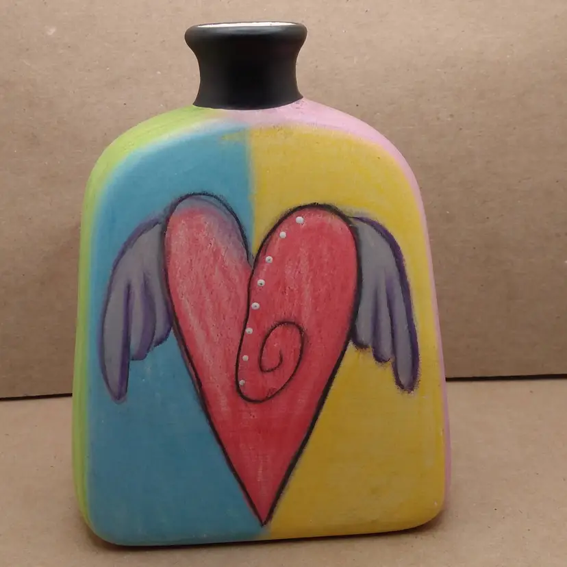 POW3 Art Studio Ceramic Vase Hand Painted with Heart Signed Bunnik 5.25"