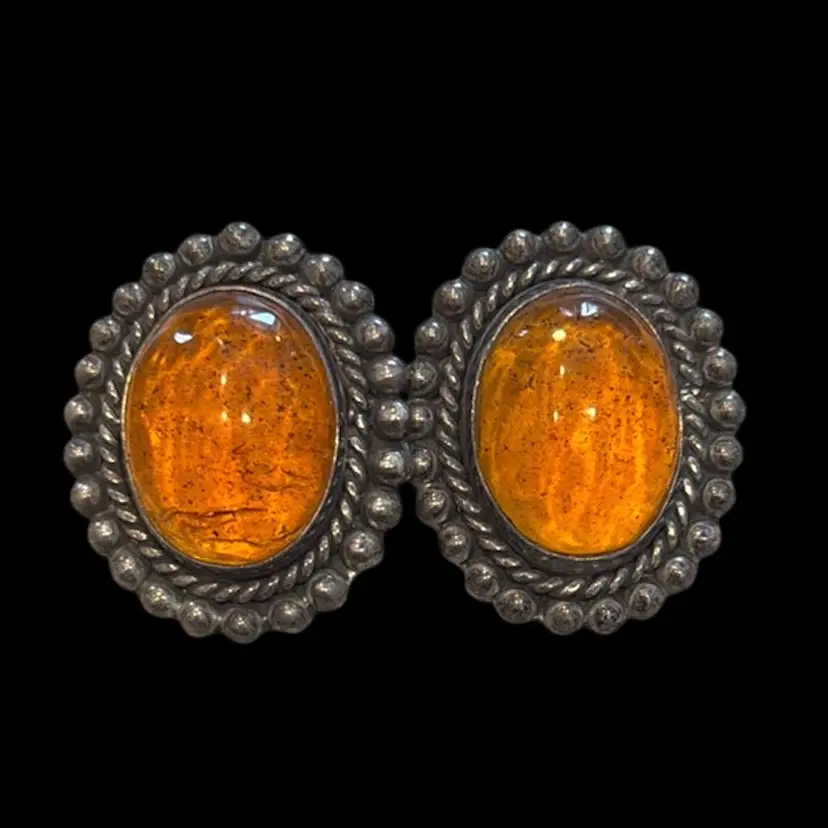 Vintage MCM Taxco TA-85 925 Mexico Modernist Sterling Silver Rope & Ball Detail Amber Cabochon Clip Earrings 1.55”, 38.2g