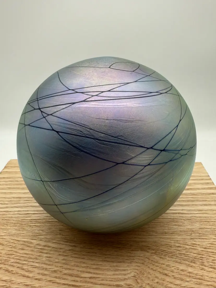 03. Steven Maslach Iridescent Stripes Extra Large Art Glass Paperweight