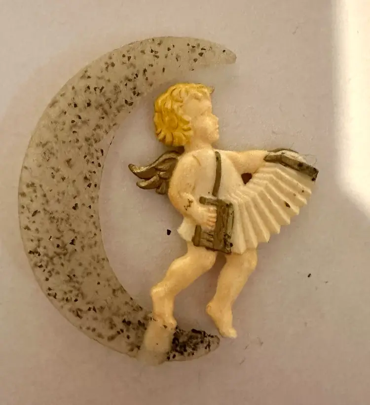 Vintage German Celluloid & Mica Angel Christmas Ornaments Crescent Moon Horn Accordian