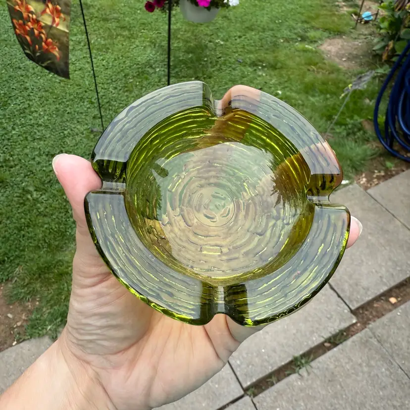 Vintage MCM Anchor Hocking Soreno Glass Avocado Green Ashtray Trinket Dish 4”