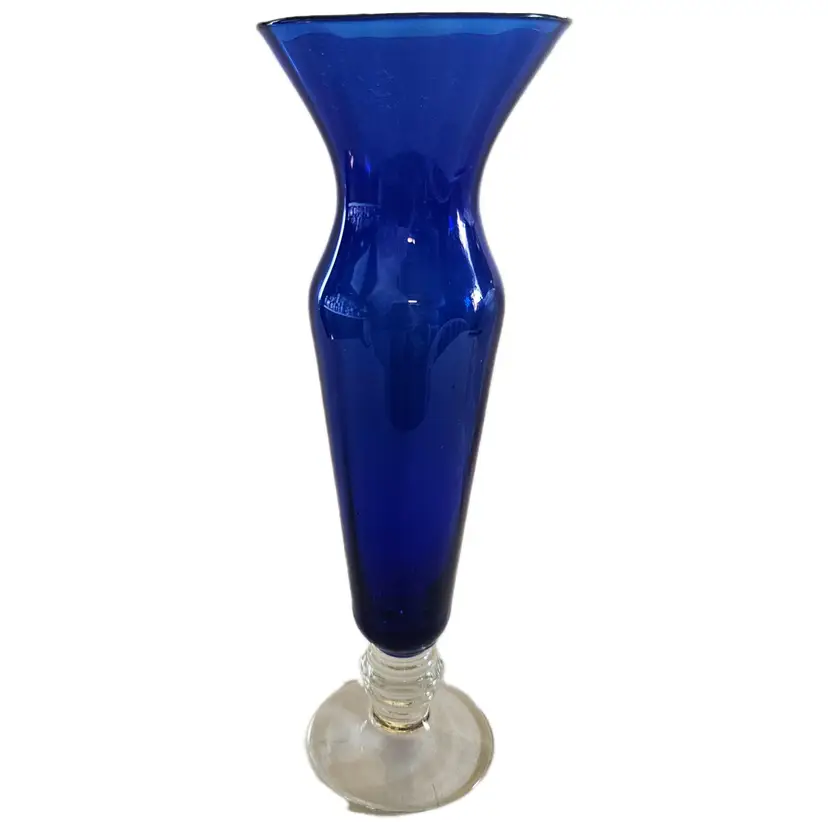 #01 - Vintage Ribbed Blue Vase with Clear Glass Base, 8" tall, 2.5" diameter base