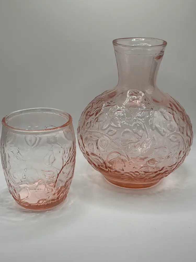 Pink Floral Tumble Up Depression Glass Carafe and Tumbler Bedside Water Set