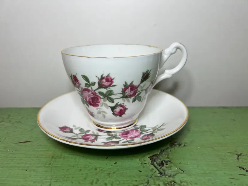 Consort Tea Cup and Saucer. Fine Bone China. Made in England. Rose Flower and Bud Design . 1960s Teacup