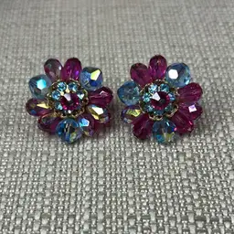 Vintage Vendome blue and fuchsia aurora crystal cluster Clip On