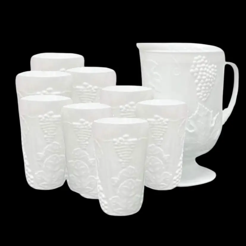 Milk Glass Beverage Set 
Pitcher 8pc Tumblers
“Colony Harvest” By Indiana Glass 1960s Embossed Grapes and Leaves Pattern