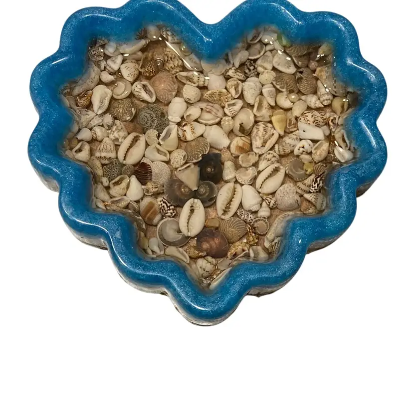 Blue Heart Shaped Seashell Trinket Tray Handmade Ocean Themed