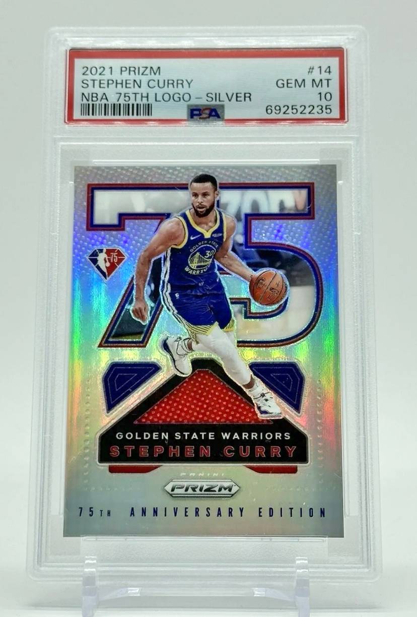 2021-22 PRIZM STEPHEN CURRY SILVER 75TH ANNIVERSARY LOGO #14 PSA 