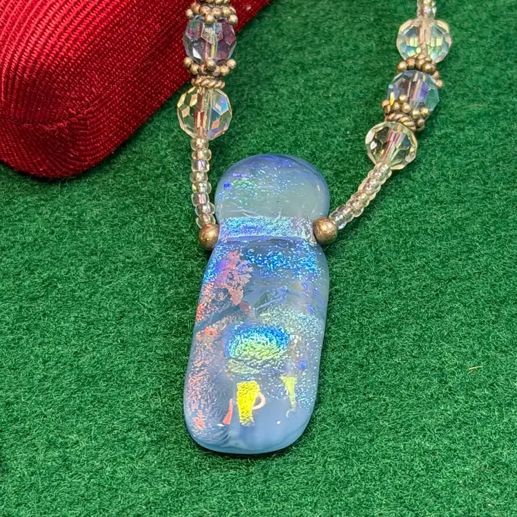 Sterling 925 Silver Necklace w/ Dichroic Fused Glass Pendant And Aurora Borealis Beads Hook Clasp 16”