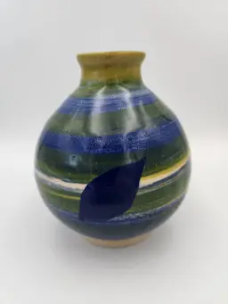 Artist Signed Blue/Green Stripped w/ Leaf on One Side Studio Pottery Vase 5.75"