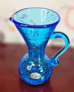 Vtg Rainbow W. Virginia Hand Blown Blue Crackle Art Glass Mini Pitcher Ewer 4.5"
