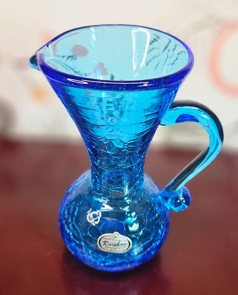Vtg Rainbow W. Virginia Hand Blown Blue Crackle Art Glass Mini Pitcher Ewer 4.5"