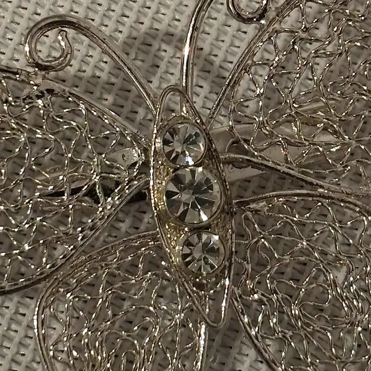 Silver Tone Brooch Filigree Butterfly w/Rhinestones 2.25”