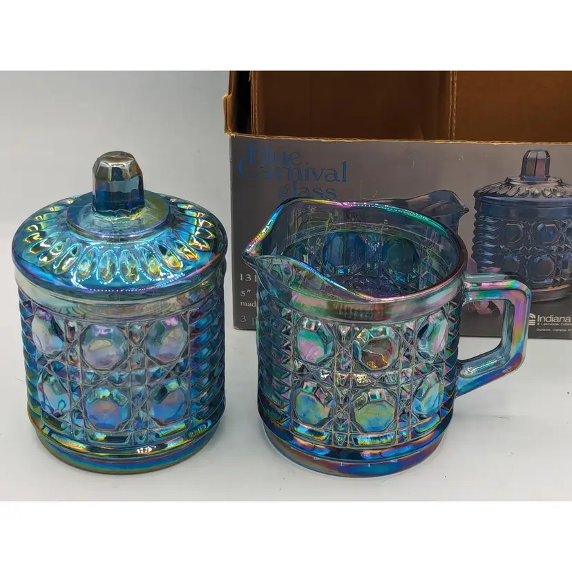 Vintage Blue Carnival Indiana Glass Cream and Sugar Set 1314 Open Box Unused USA