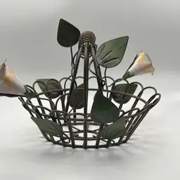 Vintage Brown Metal Basket With Floral Accents 7.5 X 6 Inches