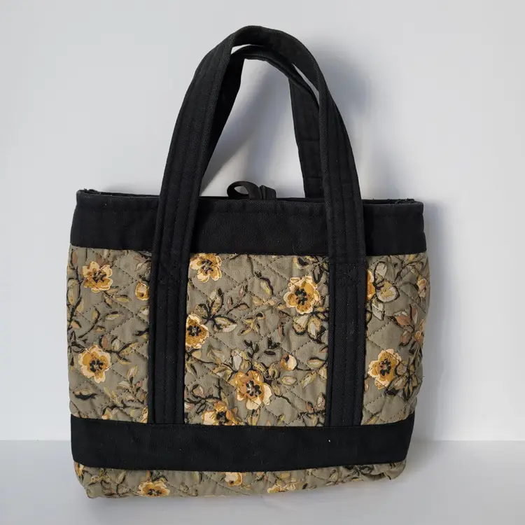 Longaberger Homestead Quilted Tote Purse Khaki Gold/Yellow Flowers Black Vintage