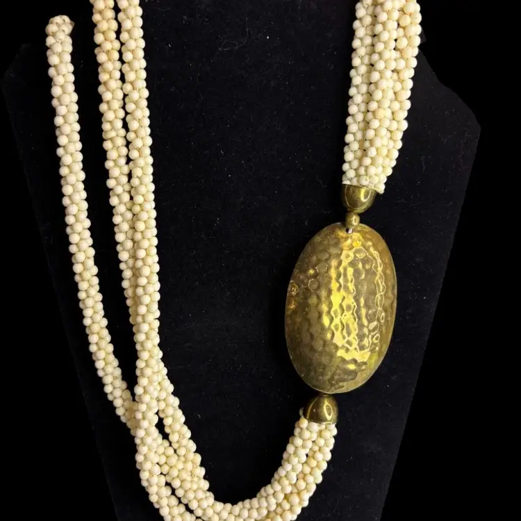 Vintage Milk Bead Necklace With A Hammered Brass Or Copper Pendant