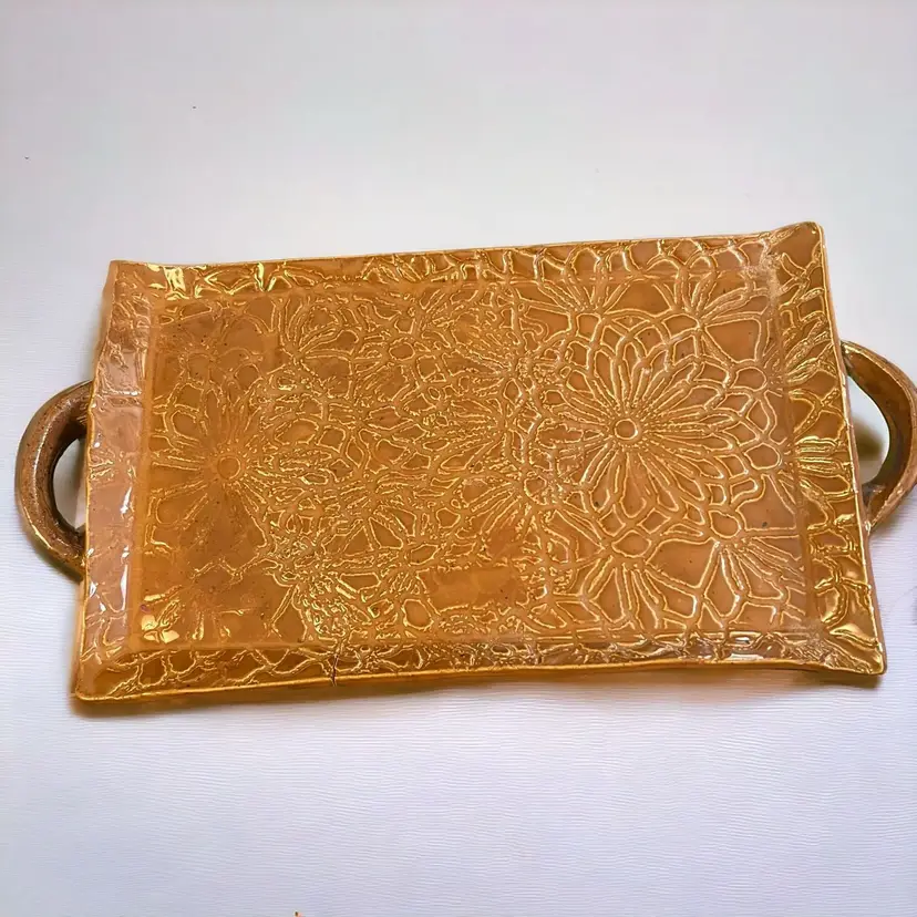 Studio Art Pottery Butterscotch Color Handled Stamped Tray