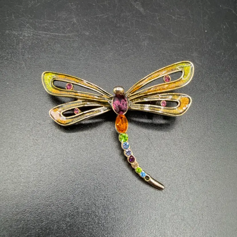 Monet Dragonfly Rhinestone Brooch In Gold Tone