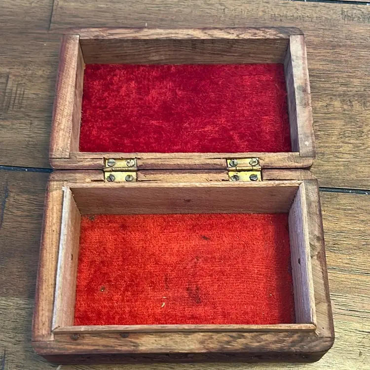 Hand Carved Box With Inlaid Brass Leaf
