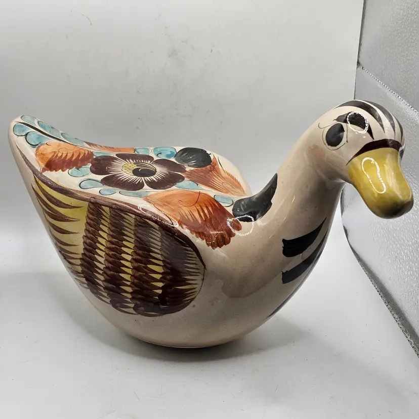 Tonala Pottery duck Handpainted Signed Mexico large 10"