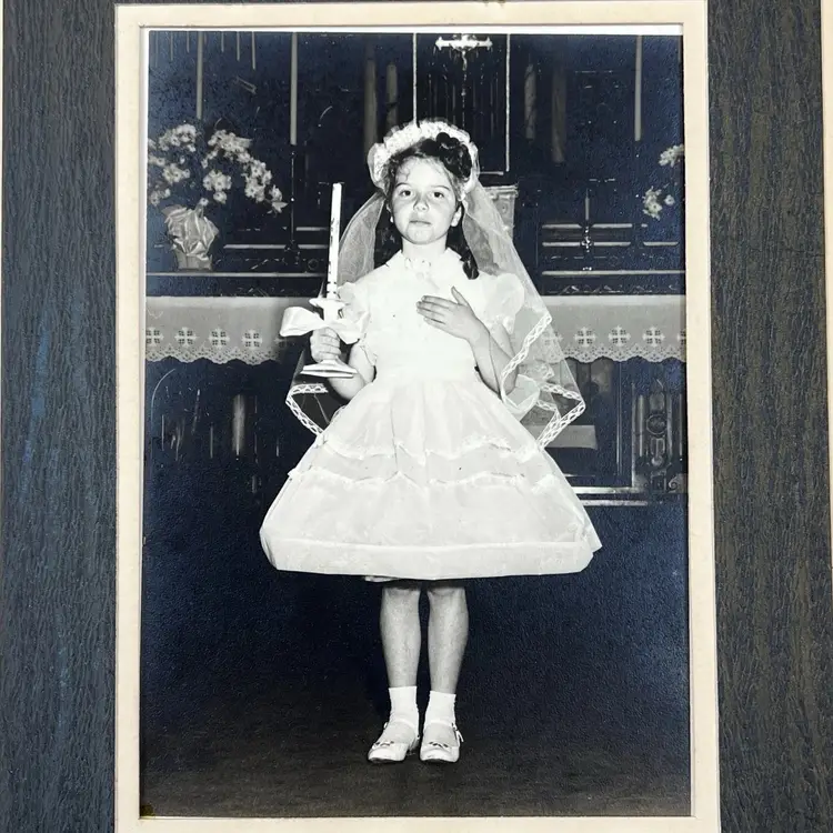 Vintage Young Girl Photo 1959 Catholic Confirmation Candle Dress Veil Portrait