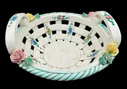Vintage Italy Pottery Woven Basket Bowl Floral Hand Painted Rose White Blue 6”
