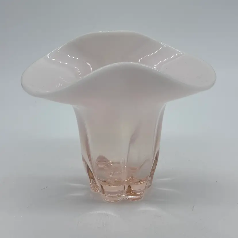 Vintage Duncan And Miller Pink Canterbury Opalescent Glass Vase Ruffled Edge