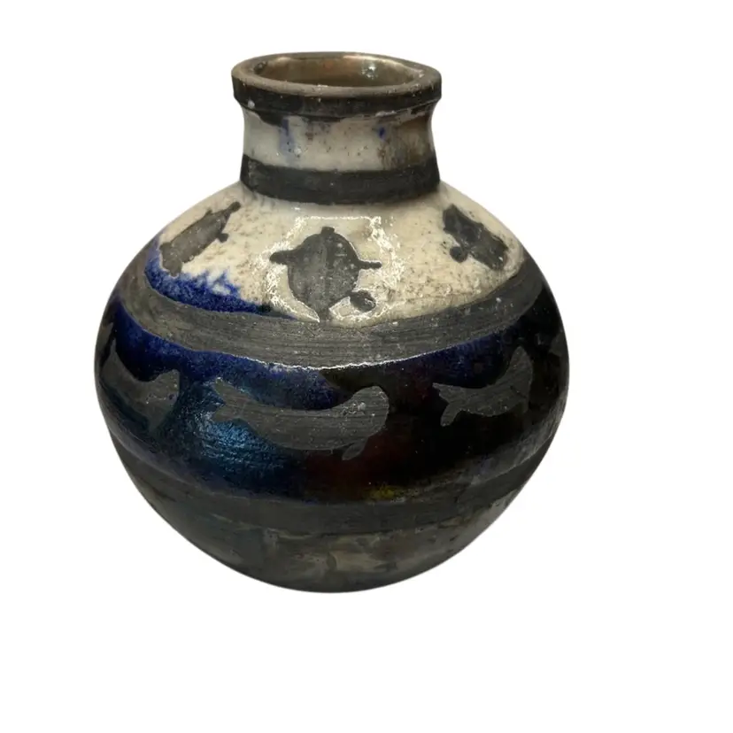 Studio Signed Raku Vase Featuring Turtles And Fish 6” Tall