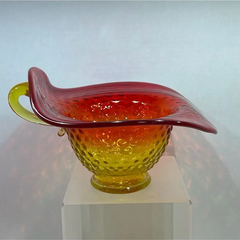 Kanawa Amberina Yellow Red Glass Hobnail Handled Bowl