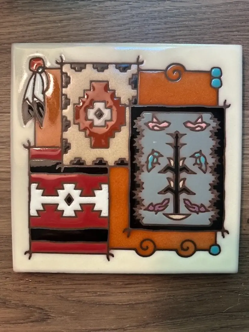Artist Cleo Theissedre Hand Painted Ceramic Tile Kiln Fired for Permanent Beauty Native American Blankets