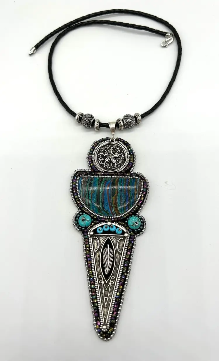 Hand Made Bead Embroidered Calsilica And Turquoise Necklace Leather Cord
