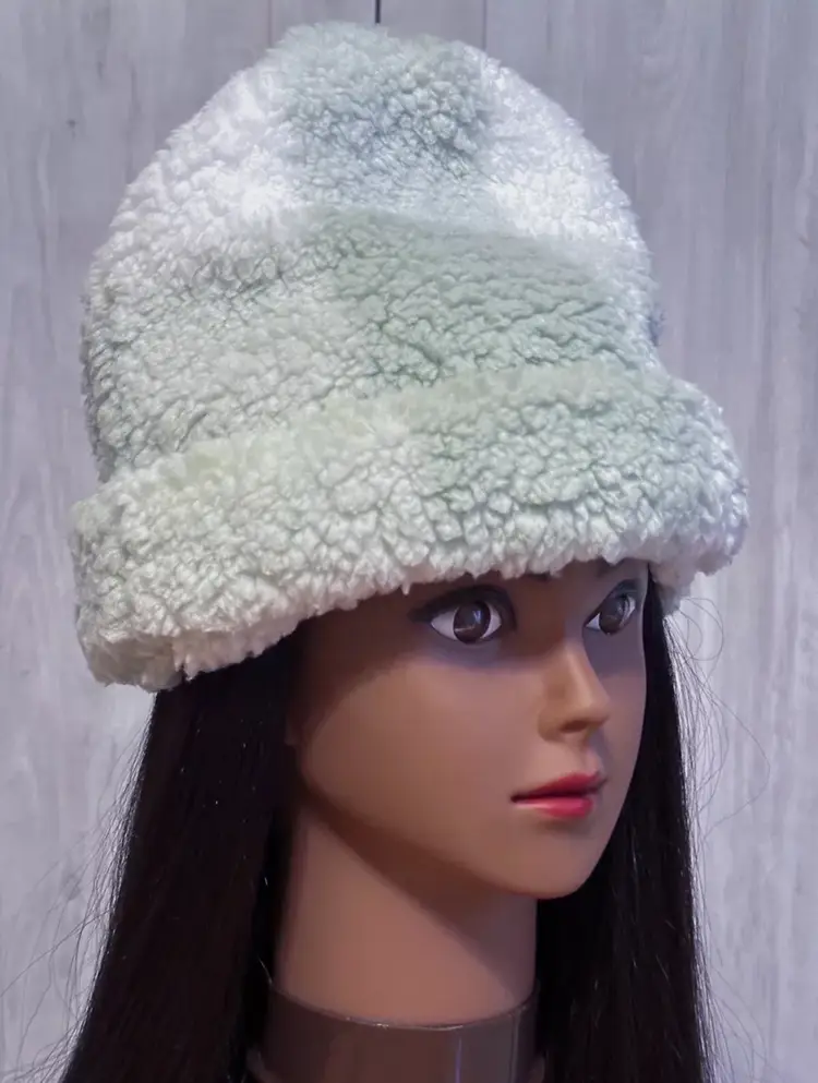 Handmade White Green Plaid Checkered Sherpa Fuzzy Fleece Faux Fur Beanie Hat