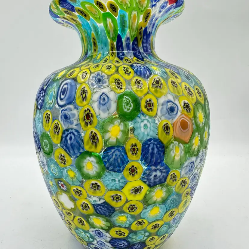Murano Millefiori Art Glass Vase Floral Murrine Green Blue Yellow 8"