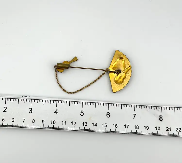 Vintage Signed Spain Gold Tone Damascene Fan Stick Pin With Guitars 3”x 1.75”