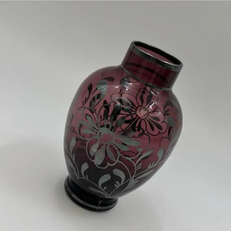 Vintage Amethyst Glass Vase With Silver Overlay Floral Pattern.