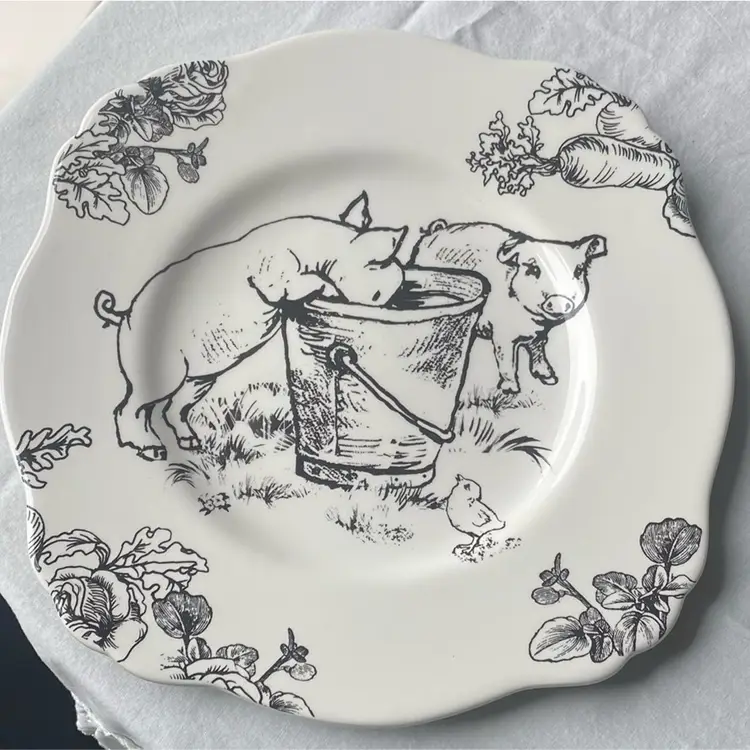 Sadek Barnyard Toile Elisabeth Trostli 
Collection Pigs Bucket Chic Plate 9.5”