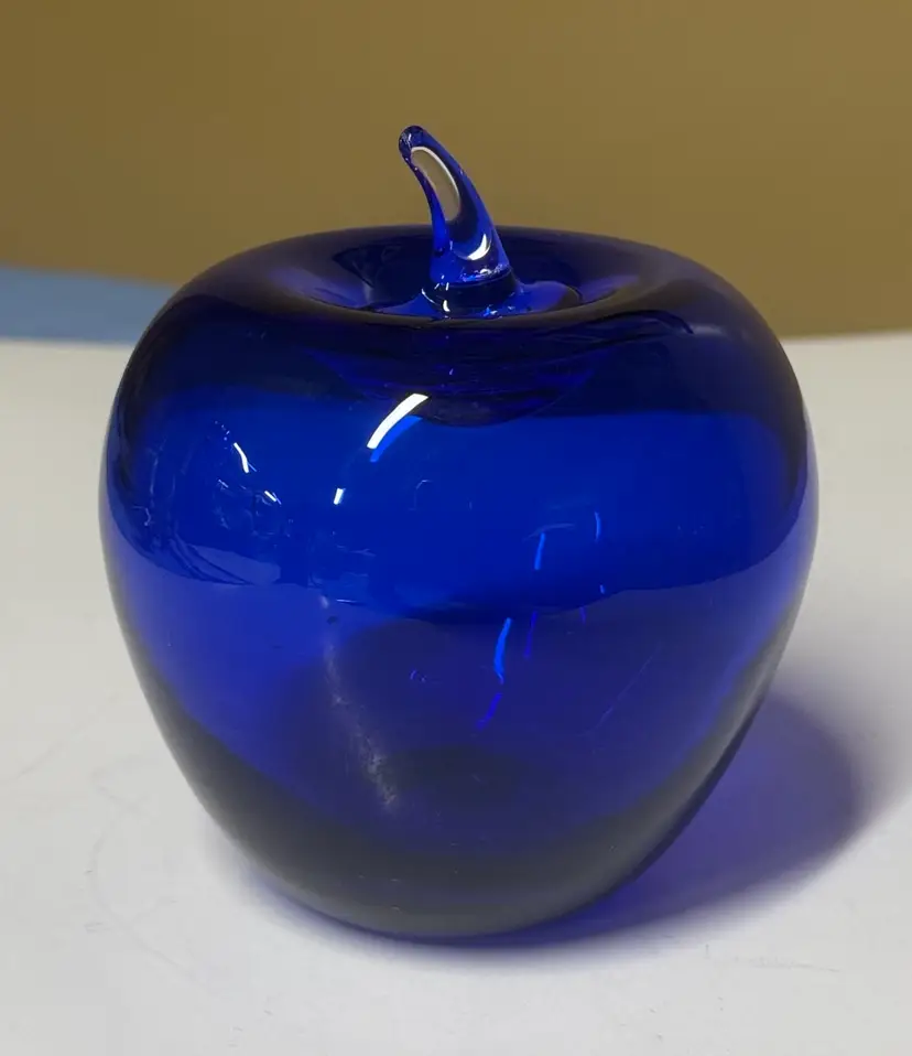 Blenko Glass Apple Cobalt Blue hand blown clear stem